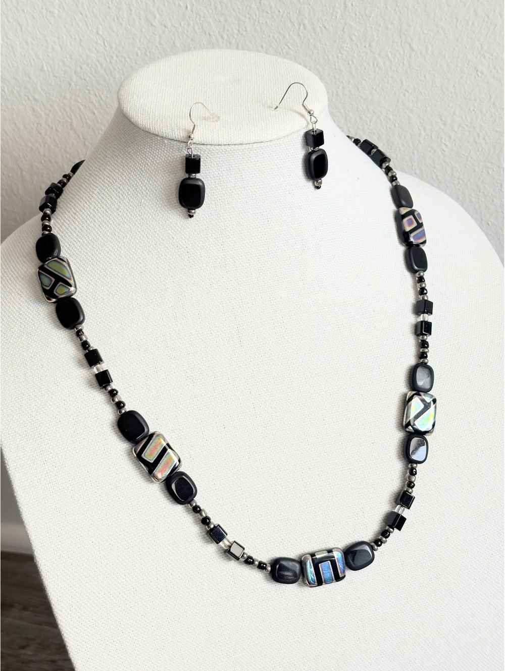 Handcrafted Black Beaded Necklace and Earrings Set with Iridescent Accent Stones